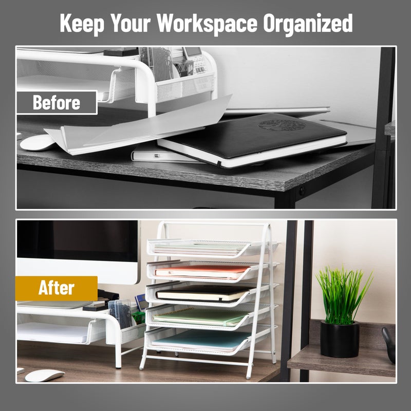 Mind Reader 5-Tier Paper Tray Organizer, Vertical Desktop File Storage Rack, Office, Metal Mesh, White - Image 5